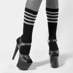 Rolling Calf High Socks - Black And White Striped -Lingerie Shop 23 a7c53b70 2808 4864 9c32 53972e96e34d