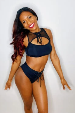 Hamade Activewear Lace Up High Neck Top - Black