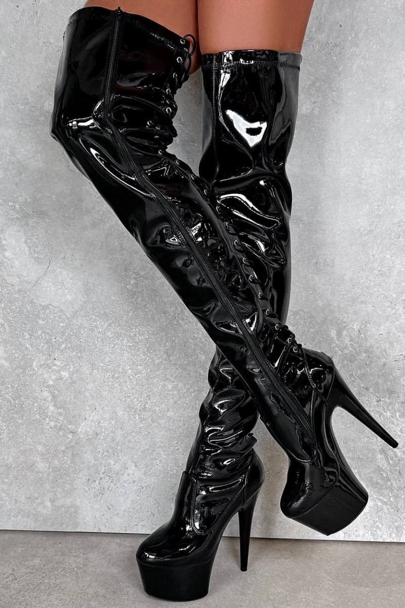 Hella Heels LipKit Thigh High Back Lace 7inch Boots - Black Beatle 3 Hella Heels LipKit Thigh High Back Lace 7inch Boots - Black Beatle