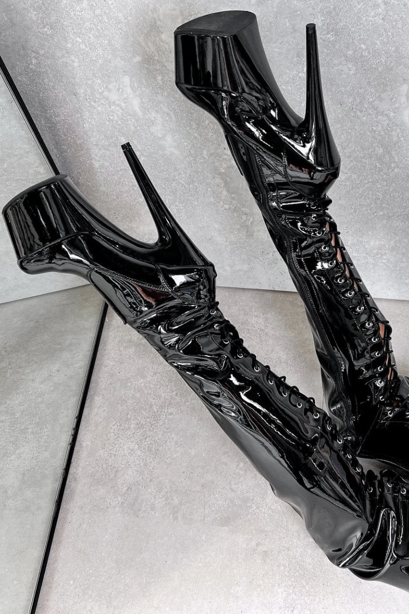 Hella Heels LipKit Thigh High Back Lace 7inch Boots - Black Beatle 6 Hella Heels LipKit Thigh High Back Lace 7inch Boots - Black Beatle - Image 4