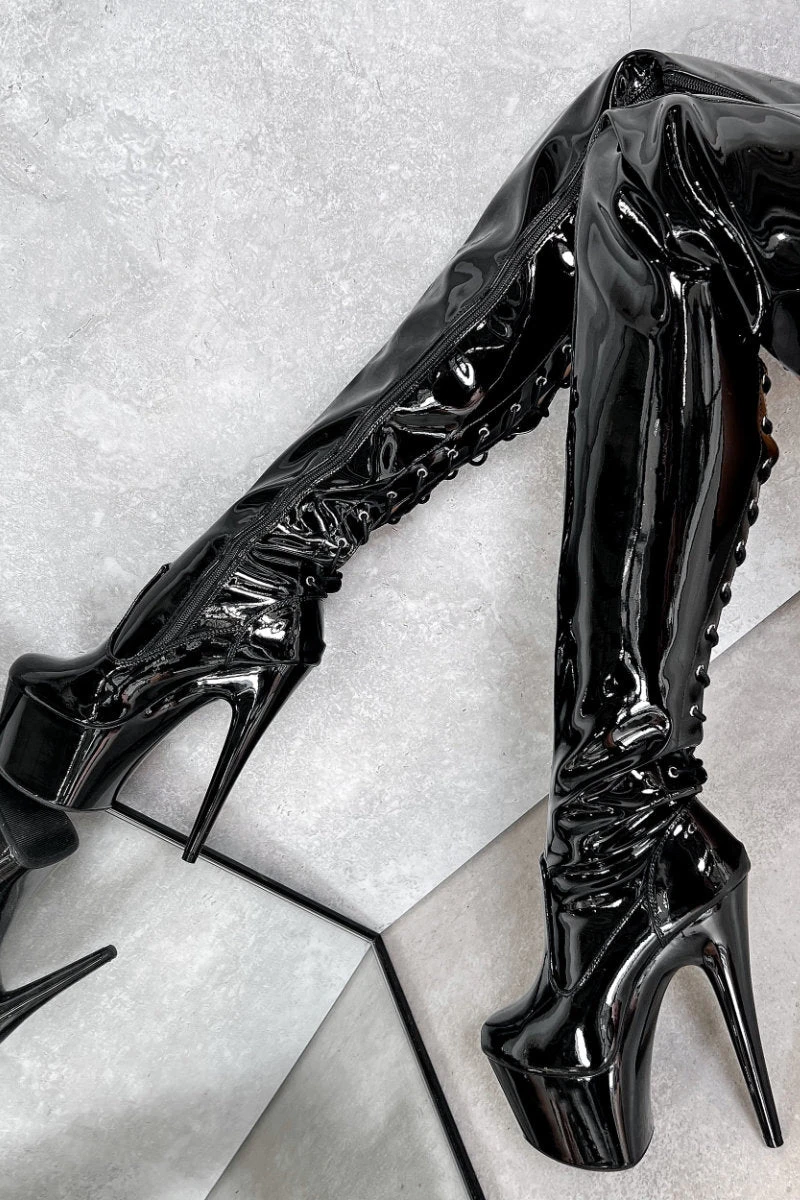 Hella Heels LipKit Thigh High Back Lace 7inch Boots - Black Beatle 7 Hella Heels LipKit Thigh High Back Lace 7inch Boots - Black Beatle - Image 5