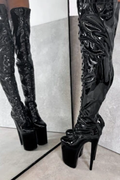 Hella Heels LipKit Thigh High Front Lace 8inch Boots - Black Beatle -Lingerie Shop BlackBeatleThighHighFrontLace 8INCH3