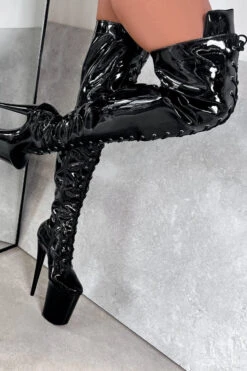 Hella Heels LipKit Thigh High Front Lace 8inch Boots - Black Beatle -Lingerie Shop BlackBeatleThighHighFrontLace 8INCH4