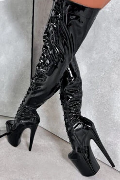 Hella Heels LipKit Thigh High Front Lace 8inch Boots - Black Beatle -Lingerie Shop BlackBeatleThighHighFrontLace 8INCH5