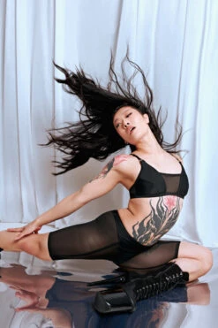 CXIX Silhouette Biker Shorts - Black With Black Mesh -Lingerie Shop Black CXIX Silhouette Mesh bralette biker shorts dancewear polewear