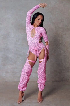 CXIX 119 Plunge Bodysuit - Pink Print 17 CXIX 119 Plunge Bodysuit - Pink Print -Lingerie Shop Bodysuit Monogram Dancewear Fashion Pink