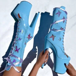 Hella Heels Butterfly 8inch Boots - Baby Blue -Lingerie Shop ButterflyBoot Blue 8INCH5