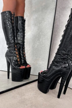 Hella Heels Cold Blooded Black Open Toe Knee High Boots - 8inch -Lingerie Shop IMG 0825