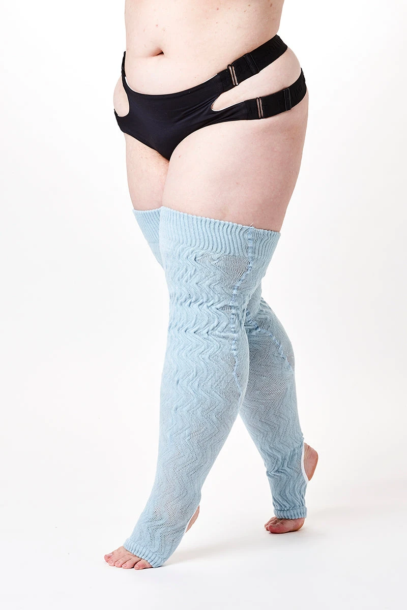 Rolling Cable Knit Thigh High Leg Warmers With Stirrups - Ocean 4 Rolling Cable Knit Thigh High Leg Warmers With Stirrups - Ocean - Image 2