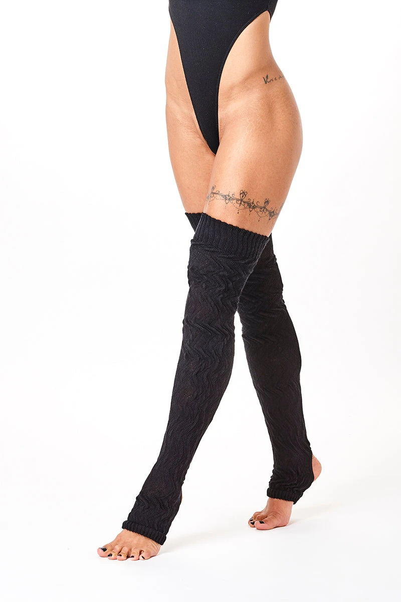 Rolling Cable Knit Thigh High Leg Warmers With Stirrups - Noir 3 Rolling Cable Knit Thigh High Leg Warmers With Stirrups - Noir