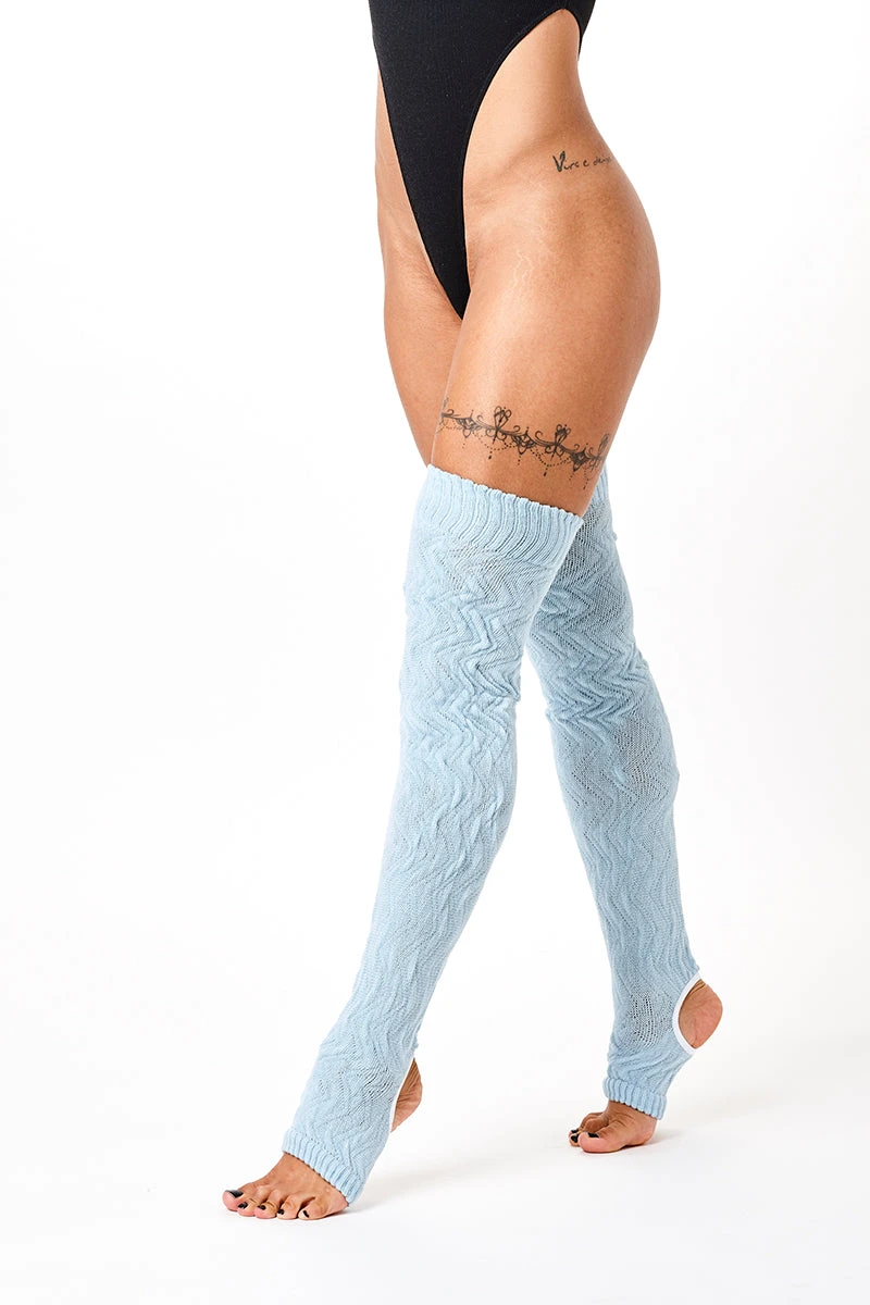 Rolling Cable Knit Thigh High Leg Warmers With Stirrups - Ocean 3 Rolling Cable Knit Thigh High Leg Warmers With Stirrups - Ocean