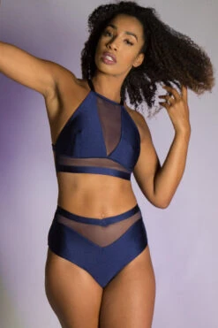 Tatiana Activewear Lucia Top - Shiny Navy 9 Tatiana Activewear Lucia Top - Shiny Navy -Lingerie Shop TatianaActive LuciaShinyNavyHighWaistedHalterNeckMeshPoleWearSet 4162