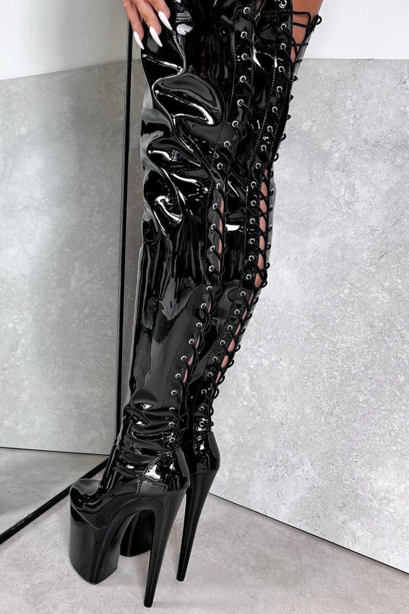 Hella Heels LipKit Thigh High Back Lace 8inch Boots - Black Beatle 5 Hella Heels LipKit Thigh High Back Lace 8inch Boots - Black Beatle - Image 3