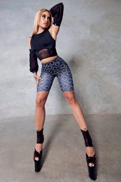 CXIX 119 Biker Shorts - Black Print -Lingerie Shop biker shorts CXIX monogram polewear fashion 119