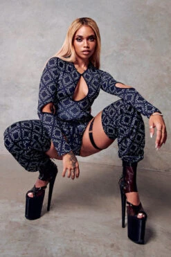 CXIX 119 Plunge Bodysuit - Black Print -Lingerie Shop bodysuit CXIX black monogram fashion poledance 119