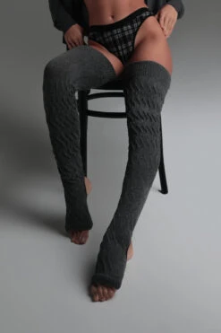 Rolling Cable Knit Thigh High Leg Warmers With Stirrups - Charcoal